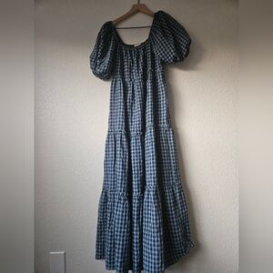 blue and black gingham cottagecore dress